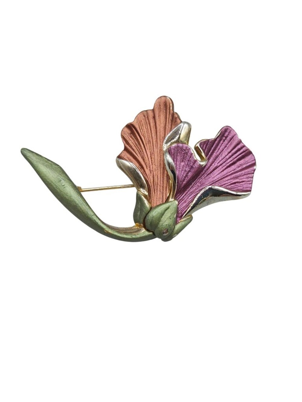 Iris Orchid Enamel Brooch Pin Floral Pink Copper Gold Tone Setting